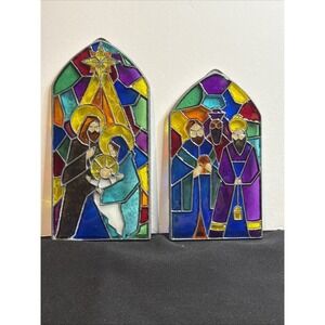 Vintage Nativity Stained Glass Christmas Scene Wisemen Mary Joseph Jesus 2 Pc